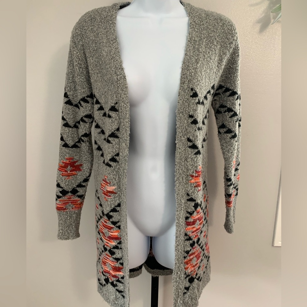 No Boundaries Gray, black and Orange Patterned Cardigan